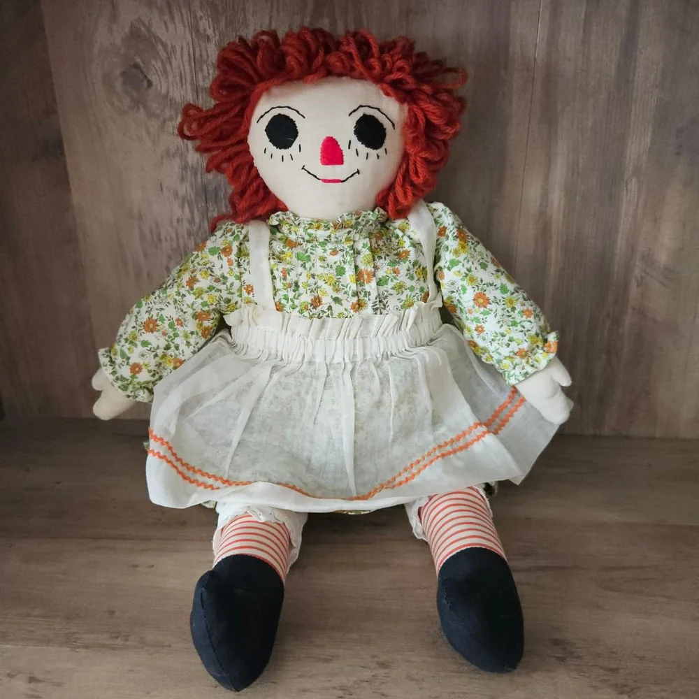 Vintage Homemade Raggedy Ann Doll Retro Floral Fabric Dress Folk Cloth 18